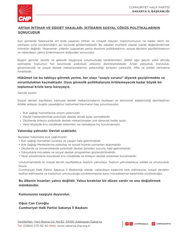 CHP Sakarya’dan “Artan İntihar ve Şiddet Vakaları” Açıklaması