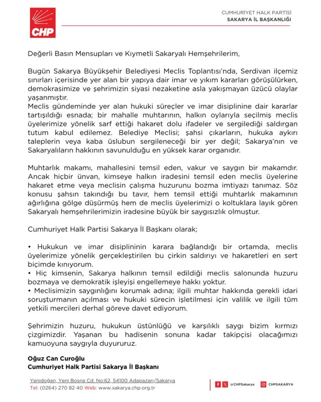CHP Sakarya’dan Mecliste Yaşanan Olaylara Sert Tepki