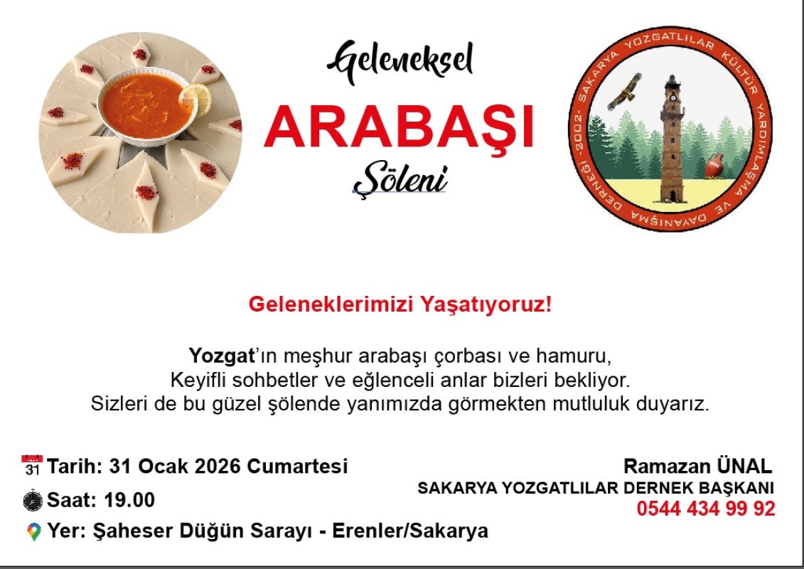 Sakarya Yozgatlılar Derneği’nden  Geleneksel Arabaşı Şöleni'ne Davet
